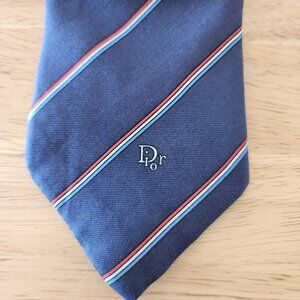 Vintage Christian Dior Silk Signature Logo Blue Red White Stripe Neck-Tie